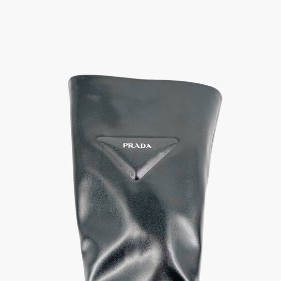 Prada Triangle Logo Platform Boots EU 39 US 9 Black Stretch Nappa Tech Mid Calf - Picture 13 of 16